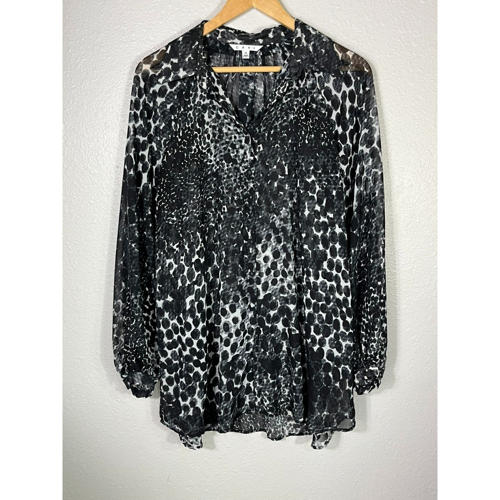 CAbi Sz M Black White Animal Print Sheer‎ Long Sleeve Blouse Top Tunic N70